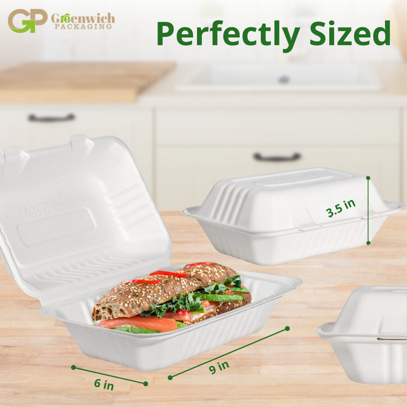 Greenwich Packaging Premium Bagasse Clamshell Box 9x6 inch- Pack of 50