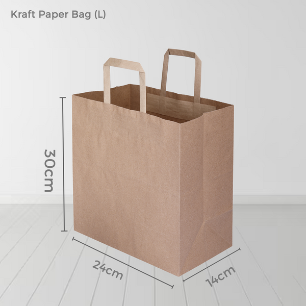 250 Bags - L - Eco friendly Brown Kraft SOS Paper Bag with Flat Handle