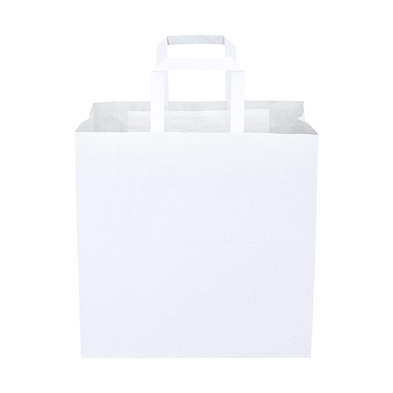 250 Bags - Large  - White Kraft SOS Paper Bag with Flat Handle