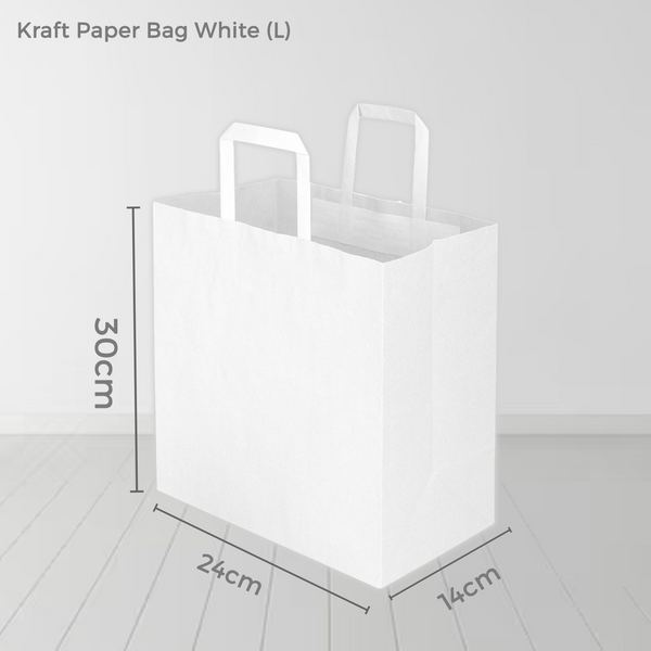 250 Bags - Large  - White Kraft SOS Paper Bag with Flat Handle