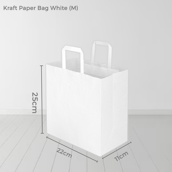 250 Bags -Medium White Kraft SOS Paper Bag with Flat Handle